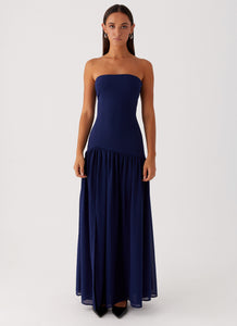 Womens Eden Strapless Maxi Dress in the colour Navy in front of a light grey background