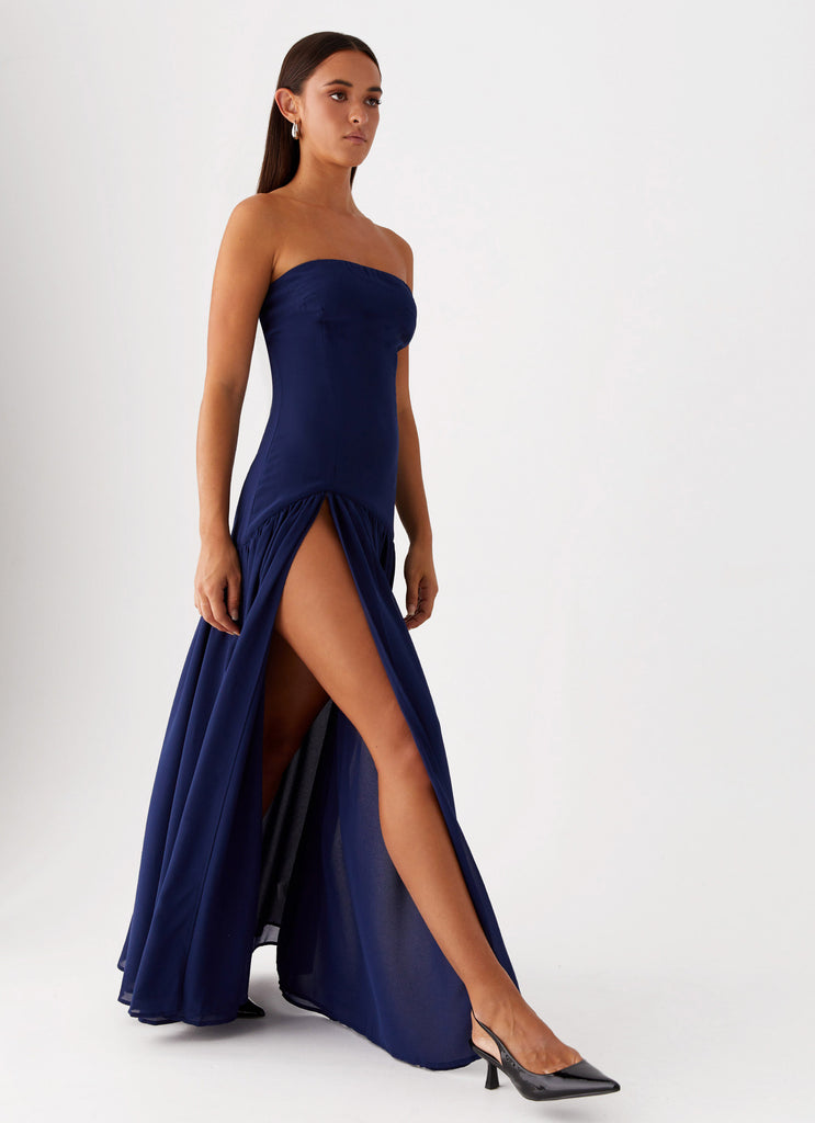 Womens Eden Strapless Maxi Dress in the colour Navy in front of a light grey background