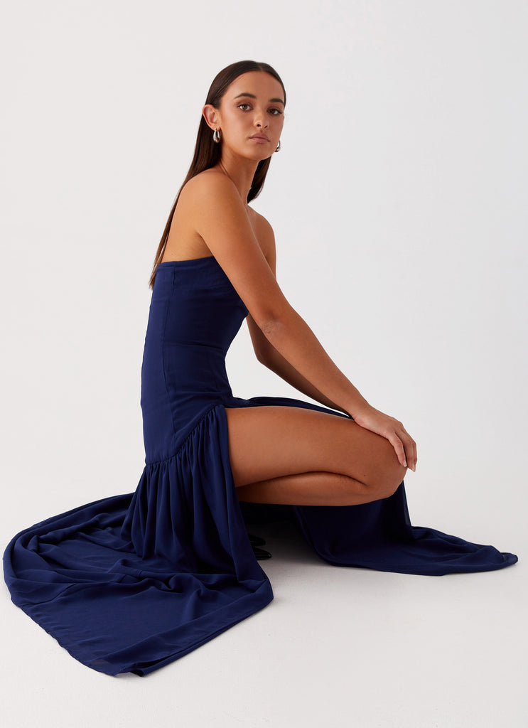 Womens Eden Strapless Maxi Dress in the colour Navy in front of a light grey background