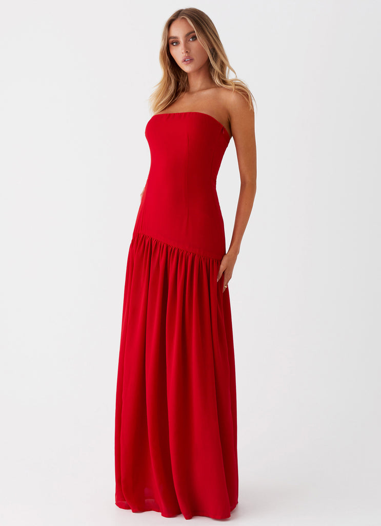 Womens Eden Strapless Maxi Dress in the colour Red in front of a light grey background