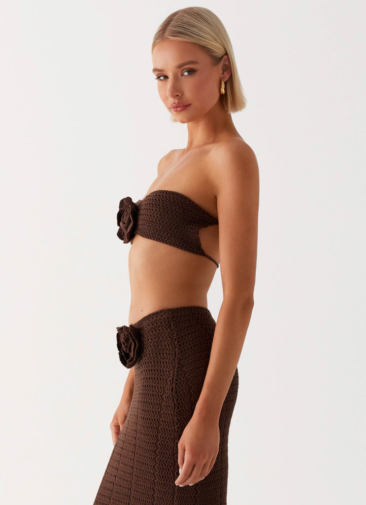 Womens Kelcie Rose Crochet Bandeau Top in the colour Chocolate in front of a light grey background