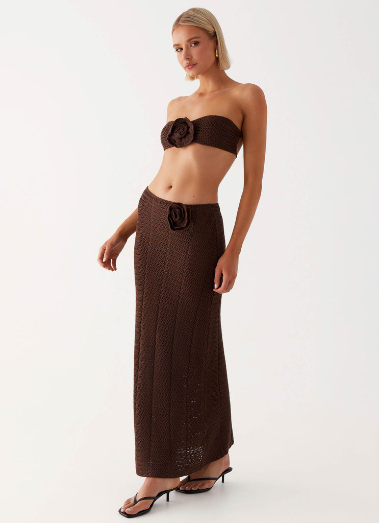 Womens Kelcie Rose Crochet Bandeau Top in the colour Chocolate in front of a light grey background