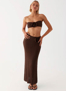 Womens Kelcie Rose Crochet Maxi Skirt in the colour Chocolate in front of a light grey background