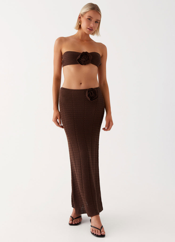 Womens Kelcie Rose Crochet Maxi Skirt in the colour Chocolate in front of a light grey background