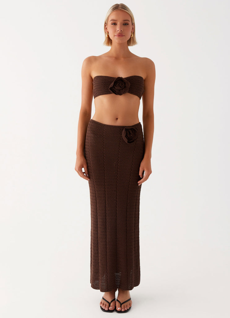 Womens Kelcie Rose Crochet Maxi Skirt in the colour Chocolate in front of a light grey background