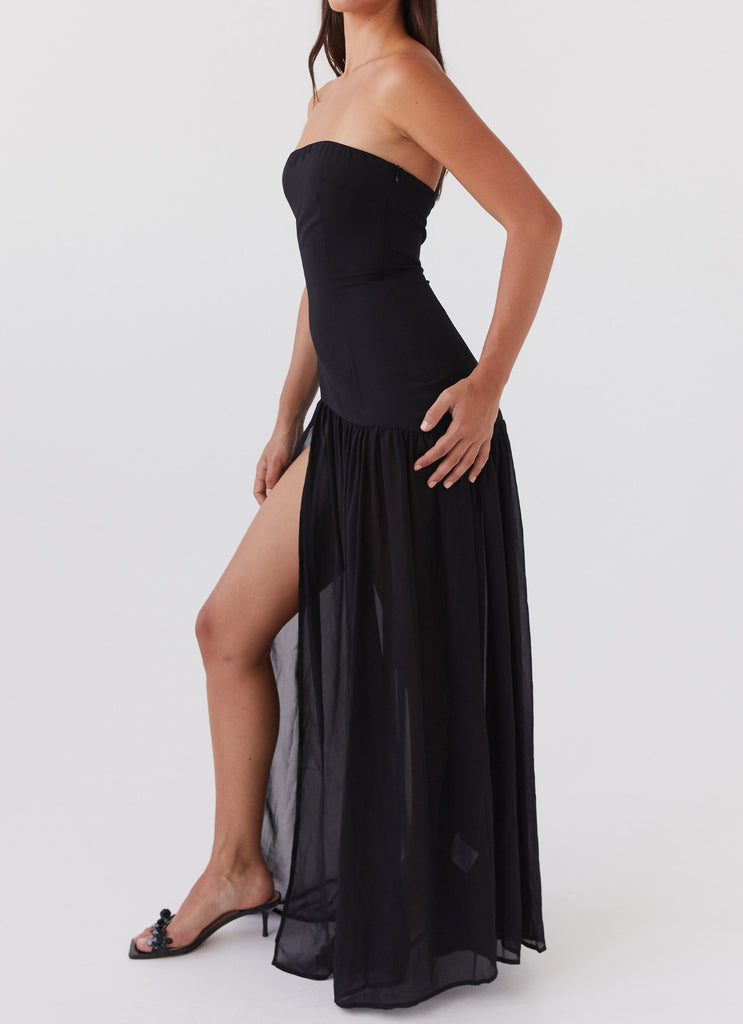 Womens Eden Strapless Maxi Dress in the colour Black in front of a light grey background