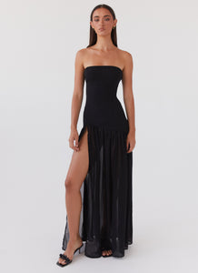 Womens Eden Strapless Maxi Dress in the colour Black in front of a light grey background