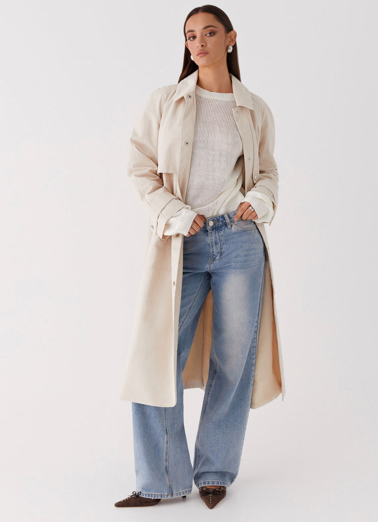 Womens Fill The Void Oversized Trench Coat in the colour Ivory in front of a light grey background