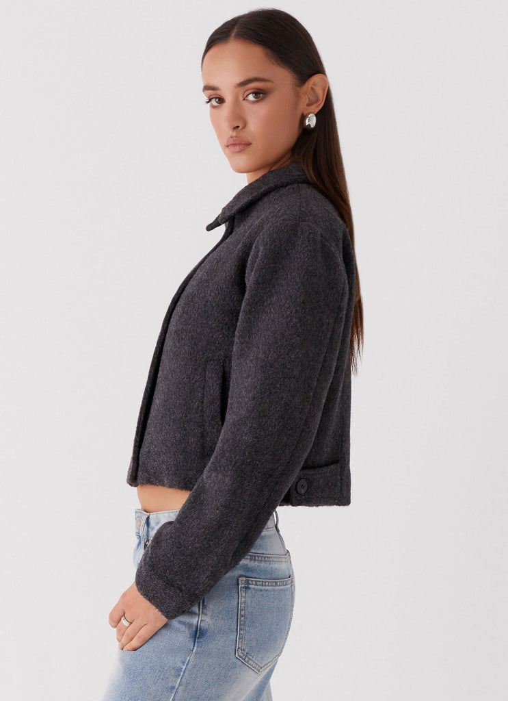 Womens Lexi Jayde Wool Zip Jacket in the colour Dark Grey in front of a light grey background