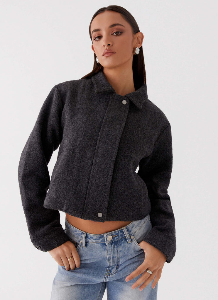 Womens Lexi Jayde Wool Zip Jacket in the colour Dark Grey in front of a light grey background