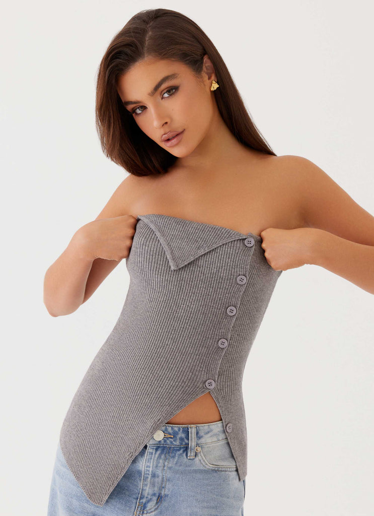 Womens Evarie Strapless Knit Top in the colour Charcoal in front of a light grey background