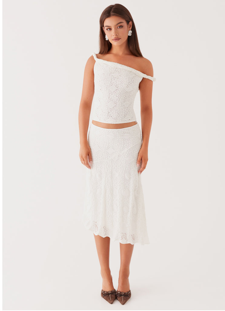 Womens Diamond Sky Midi Skirt in the colour White in front of a light grey background