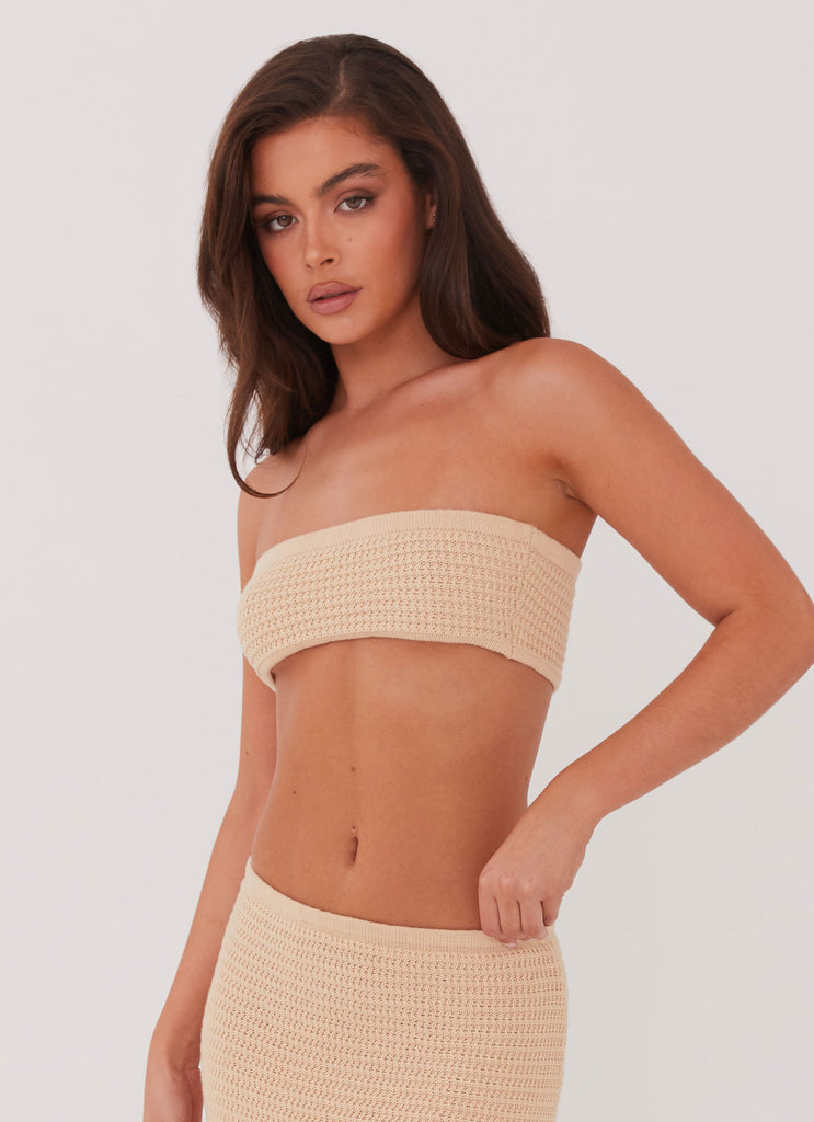 Womens Emaline Knit Bandeau Top in the colour Beige in front of a light grey background