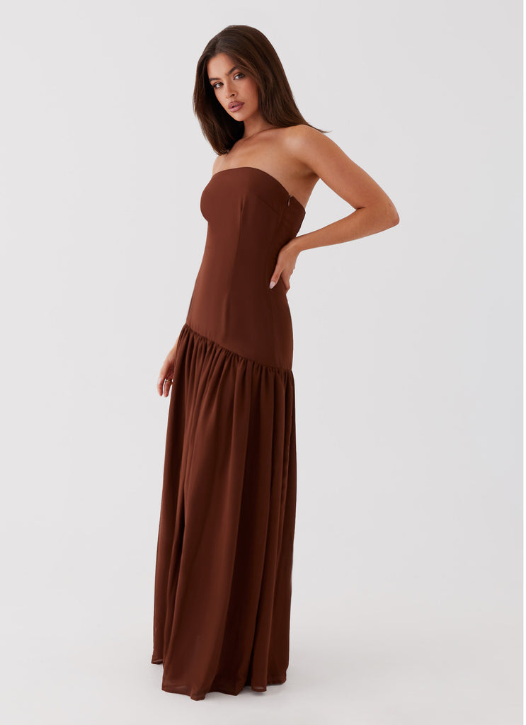 Womens Eden Strapless Maxi Dress in the colour Brown in front of a light grey background