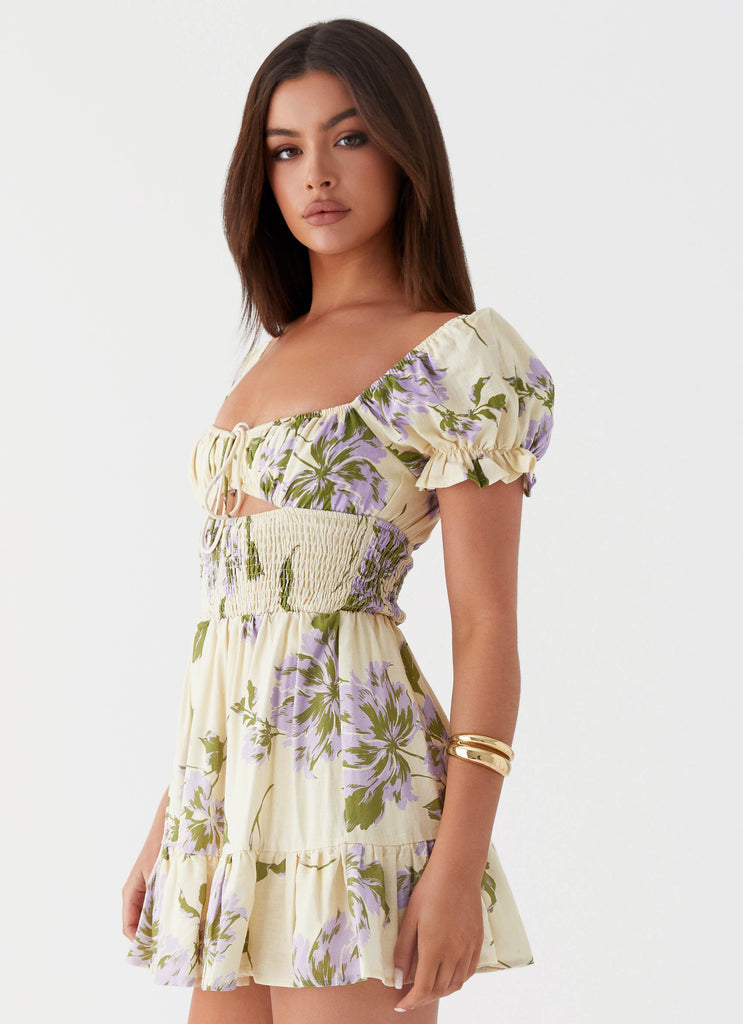 Womens Every Reason Linen Mini Dress in the colour Yellow Purple Floral in front of a light grey background