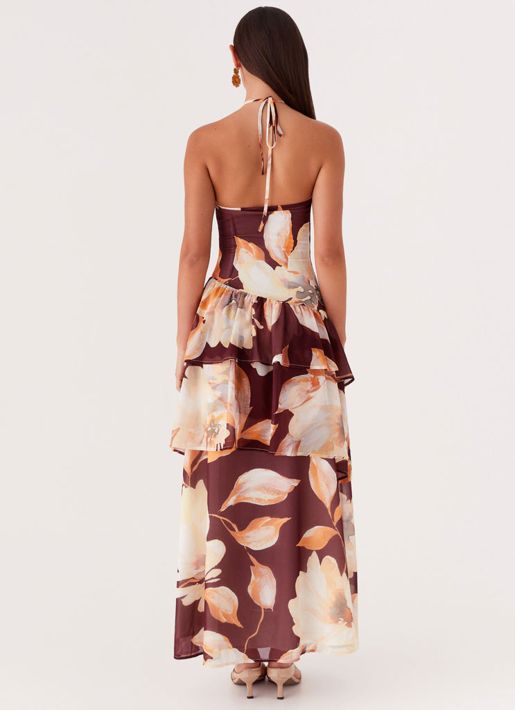 Womens Sunset Chaser Maxi Dress in the colour Brown Floral in front of a light grey background