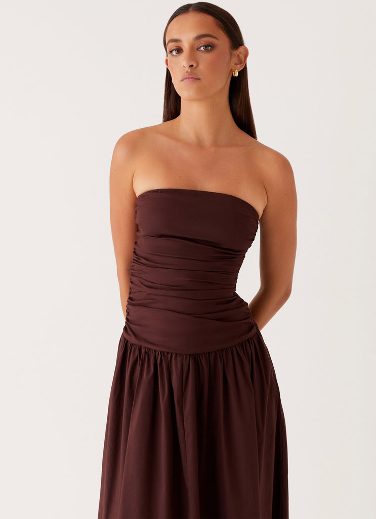 Womens Carmel Maxi Dress in the colour Brown in front of a light grey background