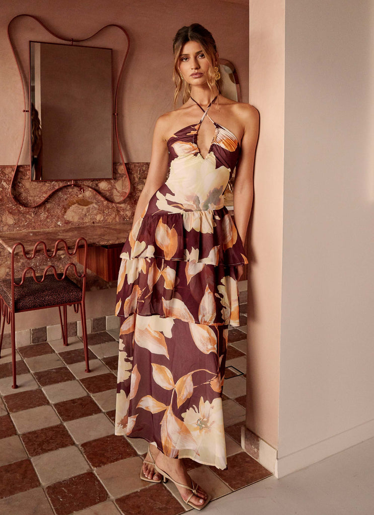 Womens Sunset Chaser Maxi Dress in the colour Brown Floral in front of a light grey background