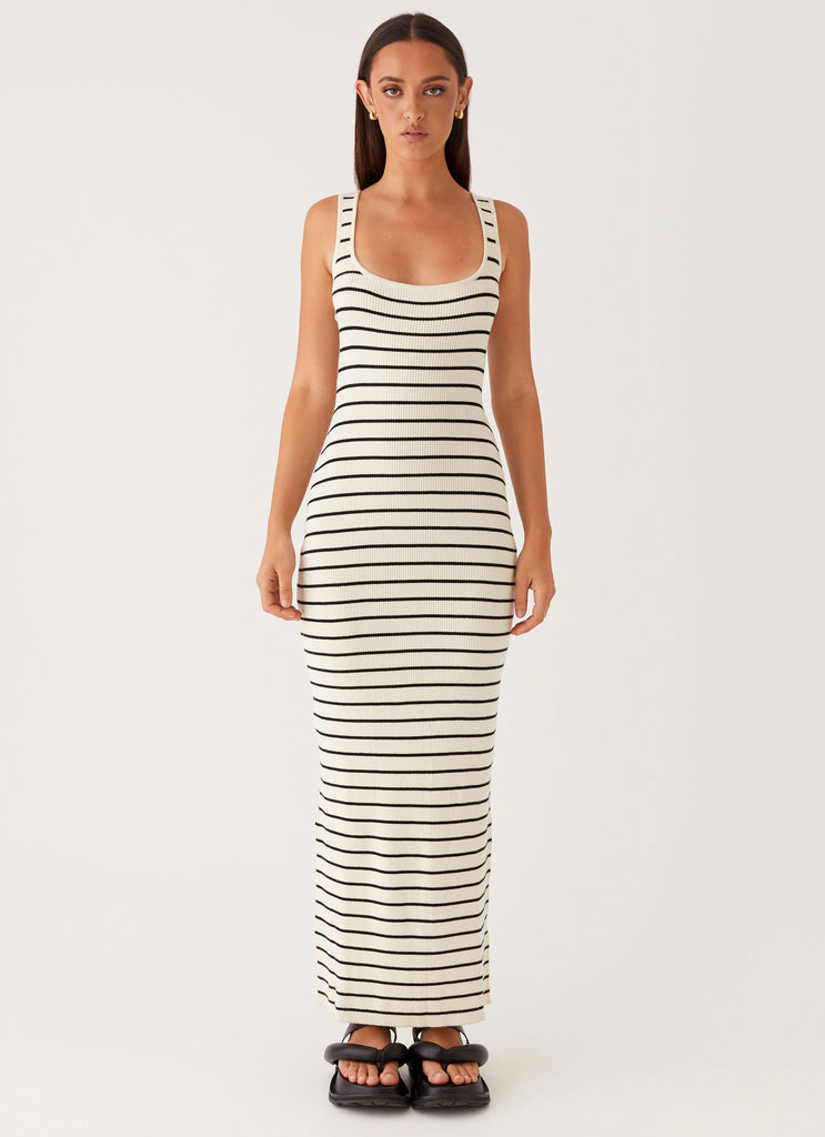 Womens Lianna Stripe Maxi Dress in the colour Ivory Black Stripe in front of a light grey background