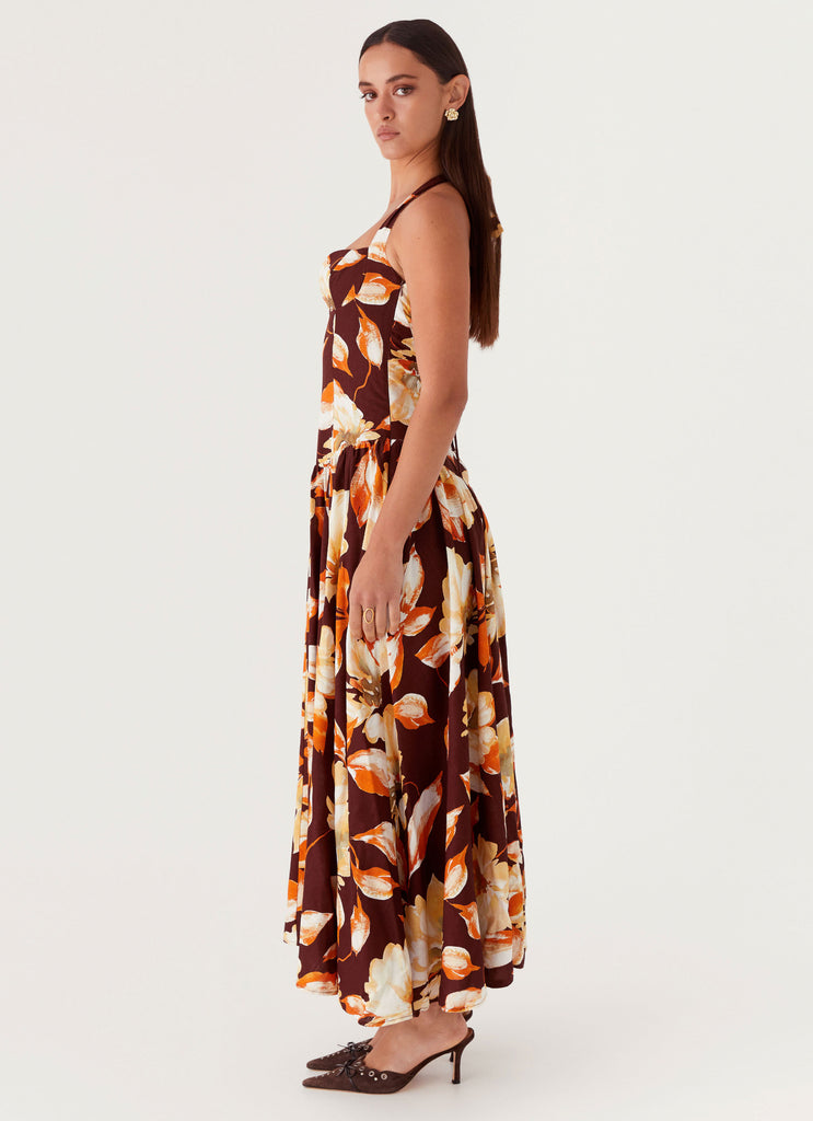 Womens Dahlia Linen Maxi Dress in the colour Brown Floral in front of a light grey background