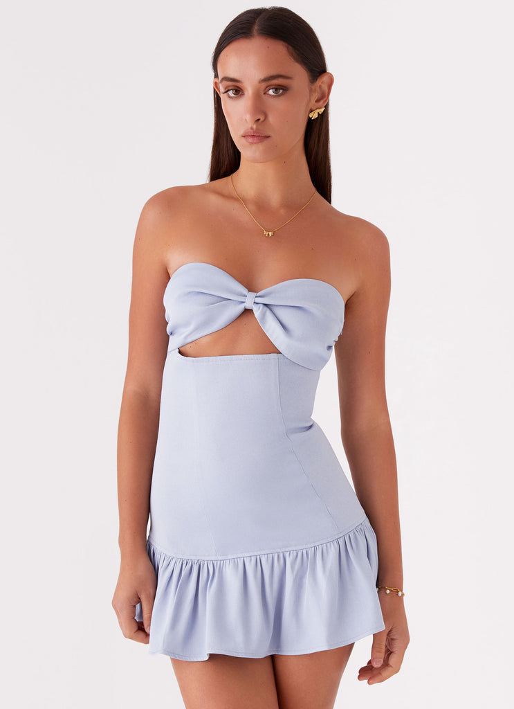 Womens Gigi Frill Mini Dress in the colour Blue in front of a light grey background