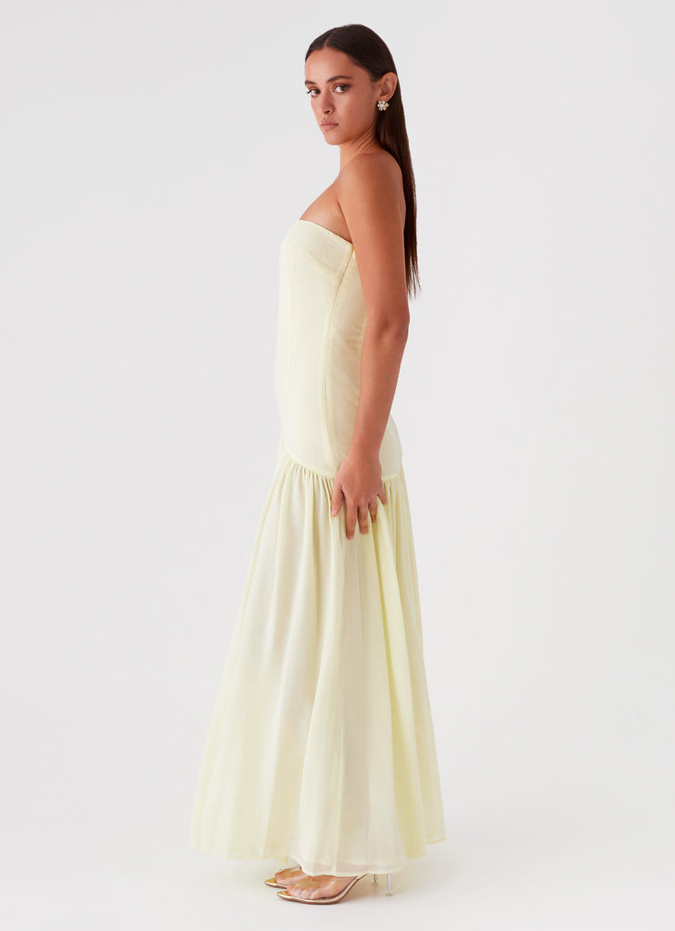 Womens Eden Strapless Maxi Dress in the colour Yellow in front of a light grey background