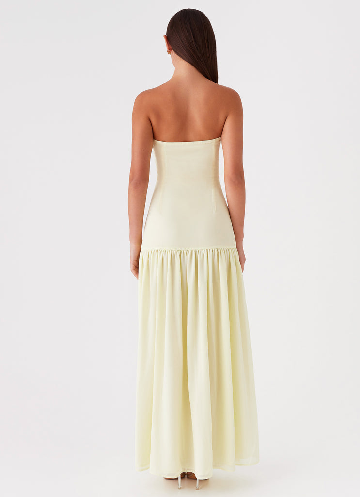 Womens Eden Strapless Maxi Dress in the colour Yellow in front of a light grey background