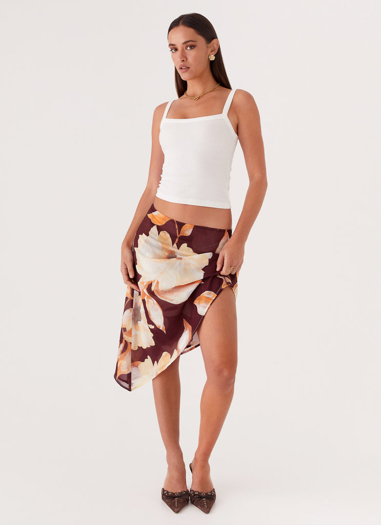 Womens Elizabeth Midi Skirt in the colour Brown Floral in front of a light grey background