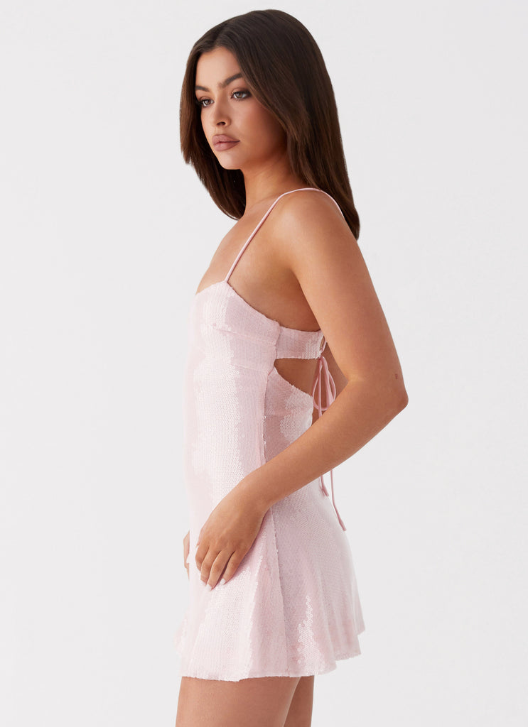 Womens Paloma Blush Sequin Mini Dress in the colour Pink in front of a light grey background