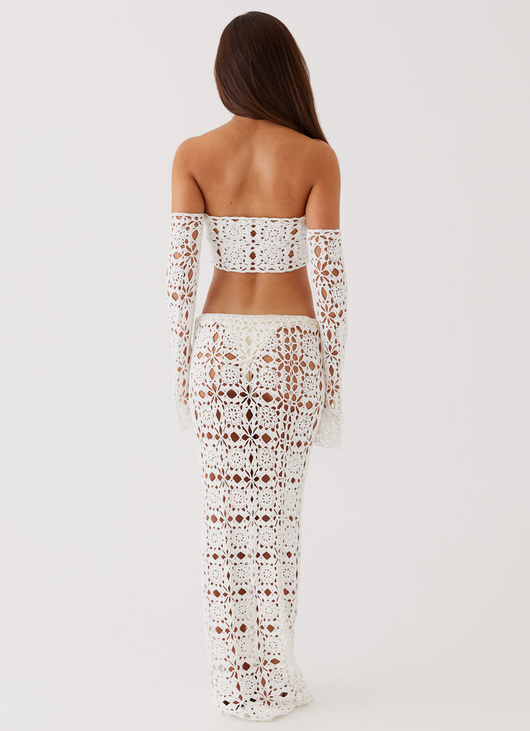 Womens Sorrentino Crochet Maxi Skirt in the colour White in front of a light grey background