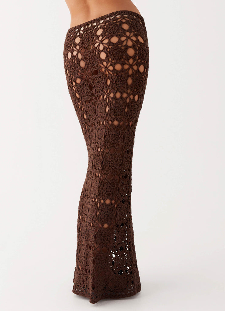 Womens Sorrentino Crochet Maxi Skirt in the colour Chocolate in front of a light grey background