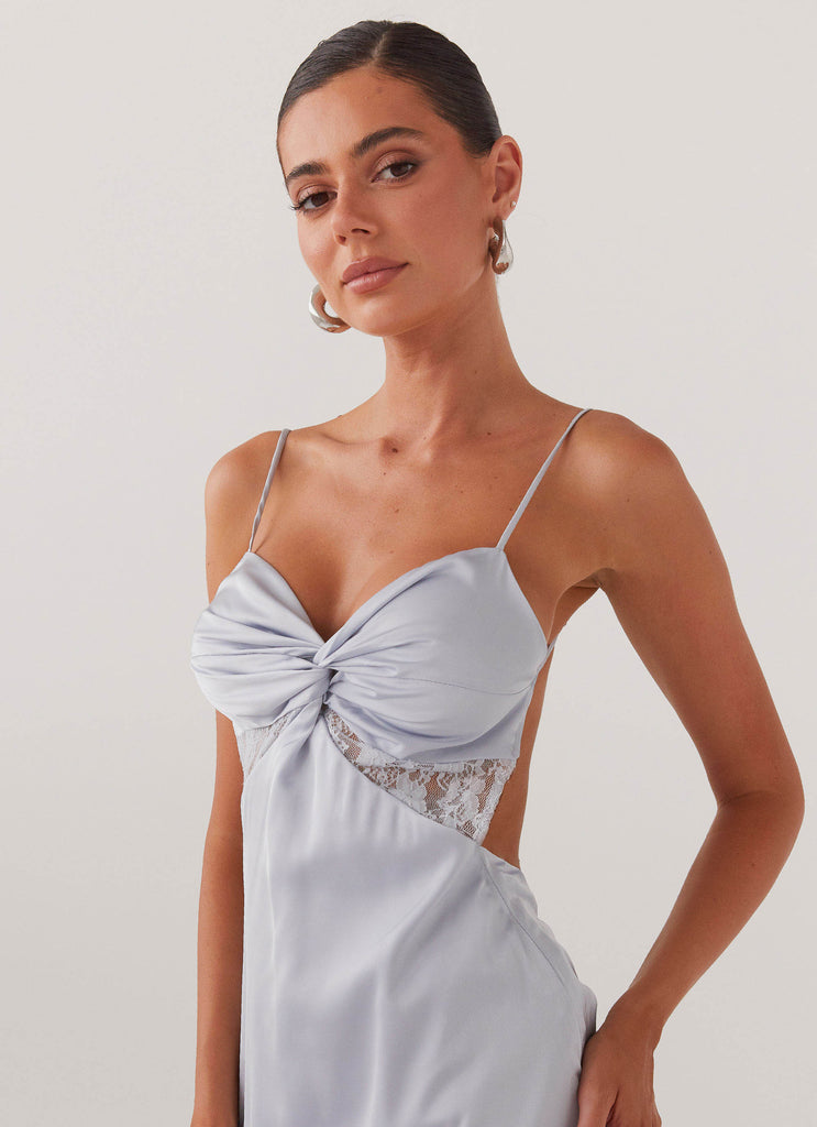 Womens Ayla Satin Mini Dress in the colour Arctic Blue in front of a light grey background