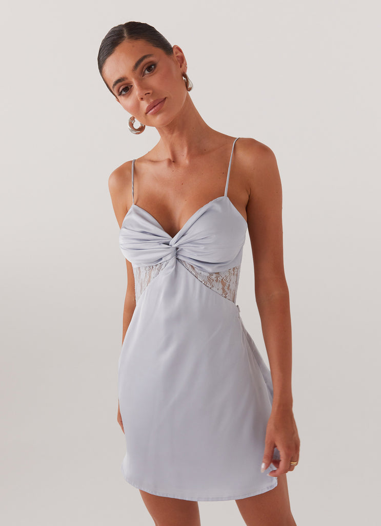 Womens Ayla Satin Mini Dress in the colour Arctic Blue in front of a light grey background